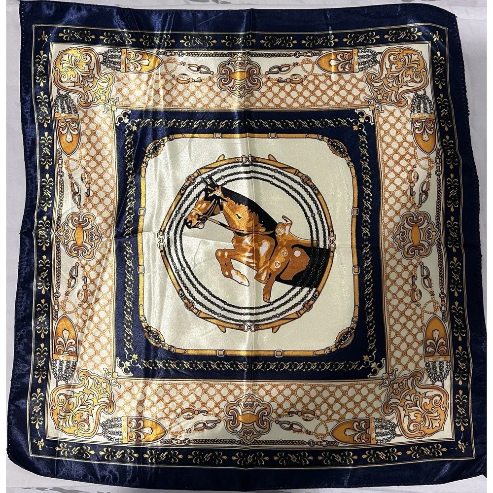 Horse Scarf Baroque Equestrian Blue Gold Chain 19